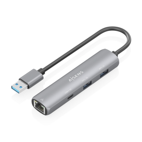Adaptateur réseau Aisens ASUC-4P035-GR USB 3.0 vers Gigabit Ethernet + Hub - 1 port USB-C et 2 ports USB-A 3.0 - 15 cm - Gris