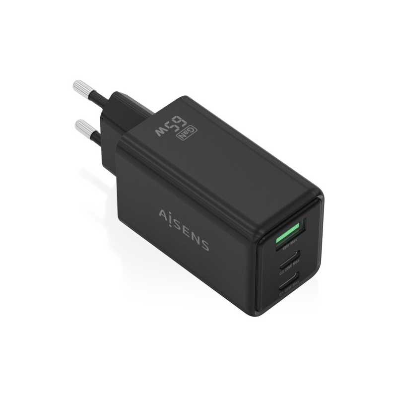 Chargeur Aisens GAN 65 W - 2 ports USB-C PD3.0 QC4.0 et 1 port USB-A QC3.0 - Noir