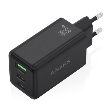 Chargeur Aisens GAN 65 W - 2 ports USB-C PD3.0 QC4.0 et 1 port USB-A QC3.0 - Noir