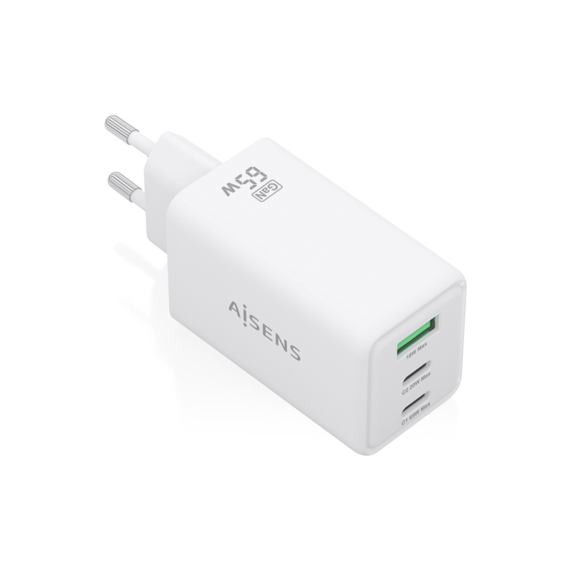 Chargeur Aisens GAN 65 W - 2 ports USB-C PD3.0 QC4.0 et 1 port USB-A QC3.0 - Blanc