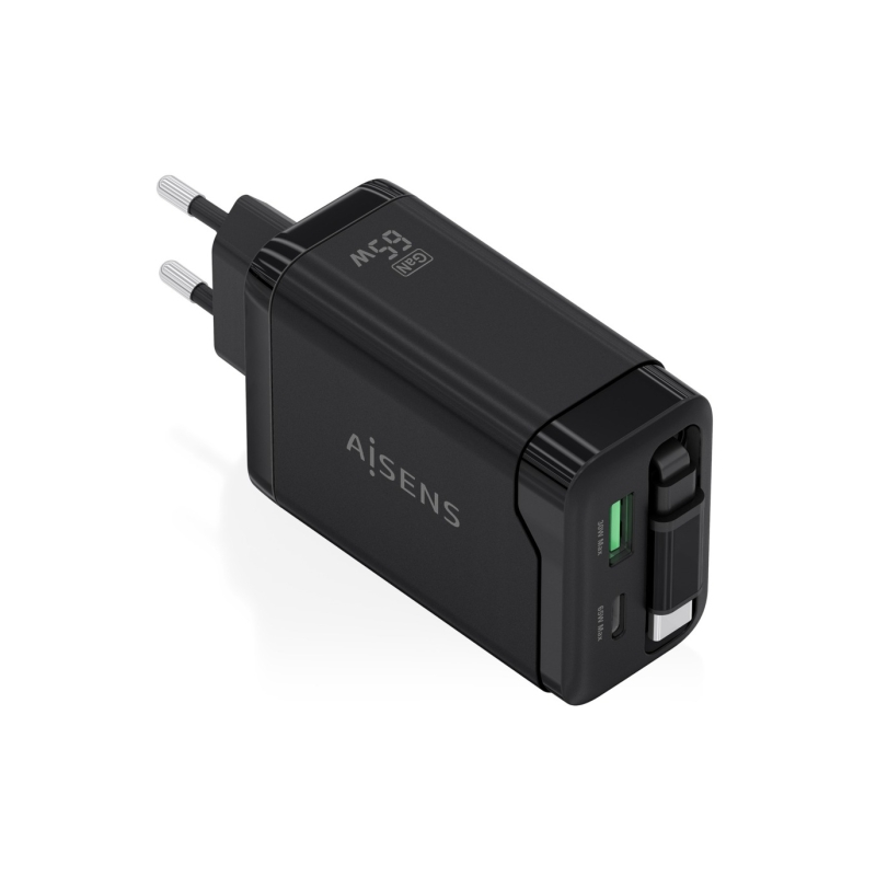 Chargeur Aisens GAN 65 W - 1 port USB-C PD 3.0 et 1 port USB-A QC 3.0 + câble USB-C rétractable - Noir