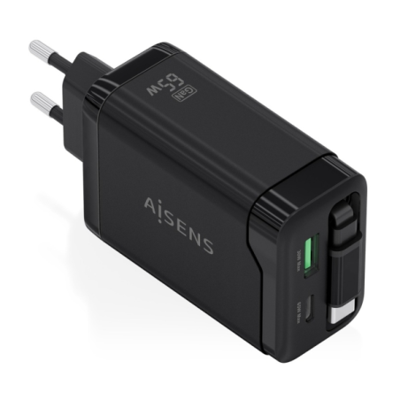 Chargeur Aisens GAN 65 W - 1 port USB-C PD 3.0 et 1 port USB-A QC 3.0 + câble USB-C rétractable - Noir