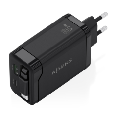 Chargeur Aisens GAN 65 W - 1 port USB-C PD 3.0 et 1 port USB-A QC 3.0 + câble USB-C rétractable - Noir