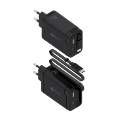Chargeur Aisens GAN 65 W - 1 port USB-C PD 3.0 et 1 port USB-A QC 3.0 + câble USB-C rétractable - Noir