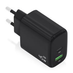 Chargeur Aisens GAN 45 W - 1 port USB-C PD3.0 QC4.0 et 1 port USB-A QC3.0 - Noir
