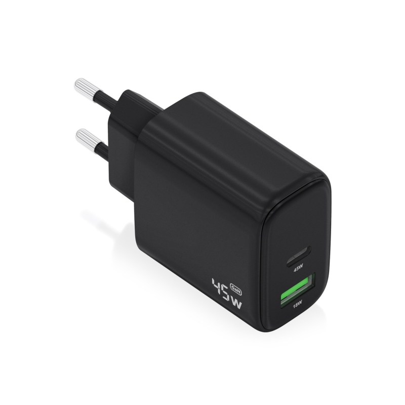 Chargeur Aisens GAN 45 W - 1 port USB-C PD3.0 QC4.0 et 1 port USB-A QC3.0 - Noir