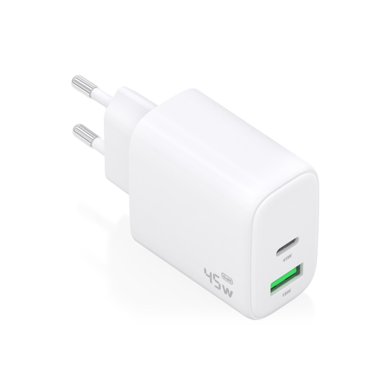 Chargeur Aisens GAN 45 W - 1 port USB-C PD3.0 QC4.0 et 1 port USB-A QC3.0 - Blanc