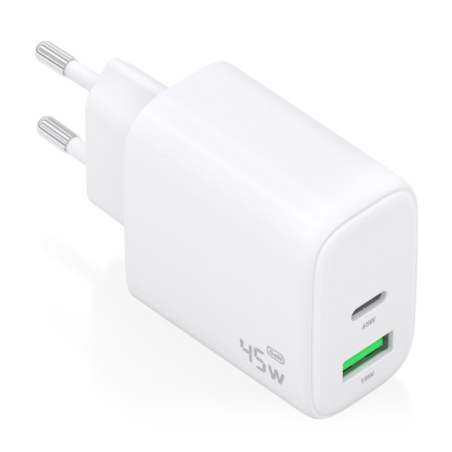 Chargeur Aisens GAN 45 W - 1 port USB-C PD3.0 QC4.0 et 1 port USB-A QC3.0 - Blanc