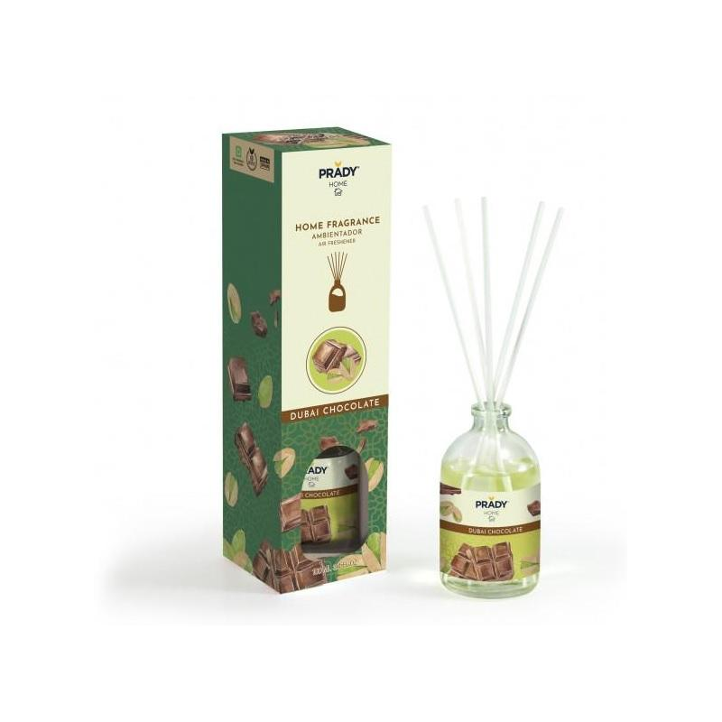 Désodorisant d'ambiance Prady Dubai Chocolate Mikado - Flacon en verre de 100 ml et bâtonnets diffuseurs