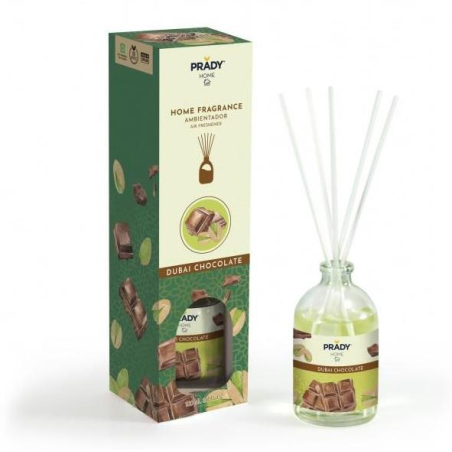 Désodorisant d'ambiance Prady Dubai Chocolate Mikado - Flacon en verre de 100 ml et bâtonnets diffuseurs
