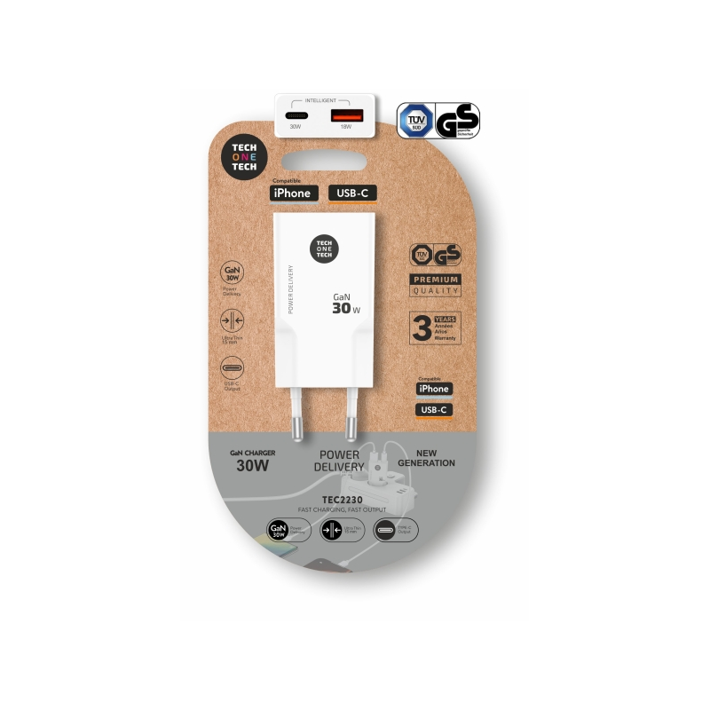 Chargeur mural double ultra-rapide TechOneTech GaN 30 W USB-C + USB-A Blanc