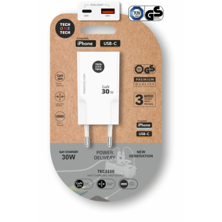 Chargeur mural double ultra-rapide TechOneTech GaN 30 W USB-C + USB-A Blanc