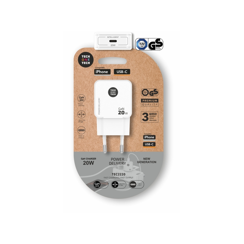 Chargeur mural USB-C ultra-rapide TechOneTech GaN 20 W blanc