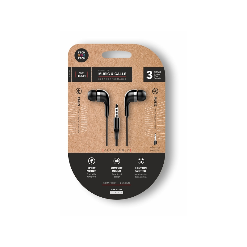 Écouteurs intra-auriculaires TechOneTech Soft EarTech - Microphone intégré - Prise mini-jack 3,5 mm - Câble de 1,20 m - Noir