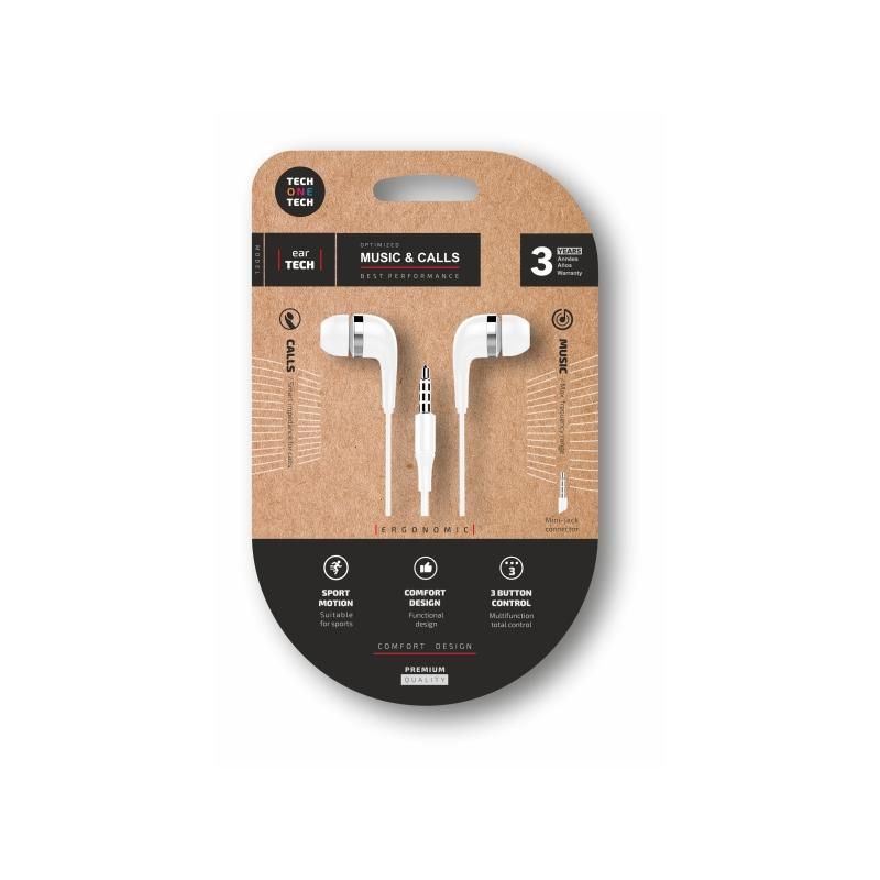 Écouteurs intra-auriculaires TechOneTech Soft EarTech - Microphone intégré - Prise mini-jack 3,5 mm - Câble de 1,20 m - Blanc