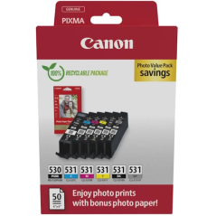Canon PGI530/CLI531 - Lot de 6 cartouches d'encre originales + 50 feuilles de papier photo 10x15cm - 6117C004