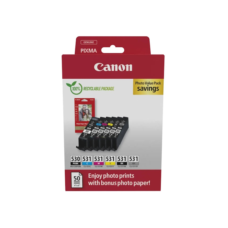 Canon PGI530/CLI531 - Lot de 6 cartouches d'encre originales + 50 feuilles de papier photo 10x15cm - 6117C004