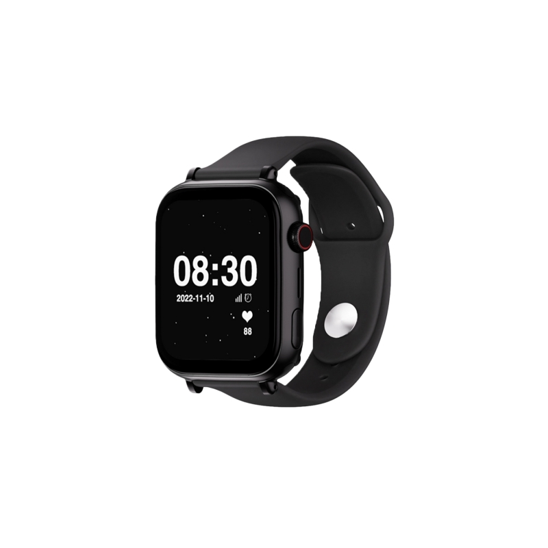 Montre connectée Savefamily SaveWatch Plus avec GPS et appel - IP67 - Bouton SOS - Boîtier noir - Bracelet en silicone noir