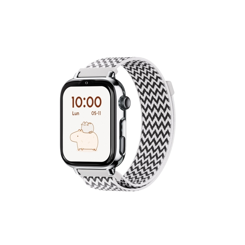 Montre connectée Savefamily SaveWatch Plus 2 pour enfants - Écran AMOLED - Boîtier argenté - Bracelet en tissu zigzag