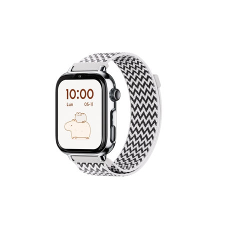 Montre connectée Savefamily SaveWatch Plus 2 pour enfants - Écran AMOLED - Boîtier argenté - Bracelet en tissu zigzag