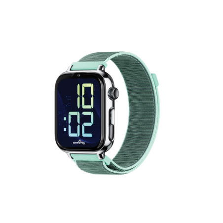Montre connectée Savefamily SaveWatch Plus 2 pour enfants - Écran AMOLED - Boîtier argenté - Bracelet en tissu océan