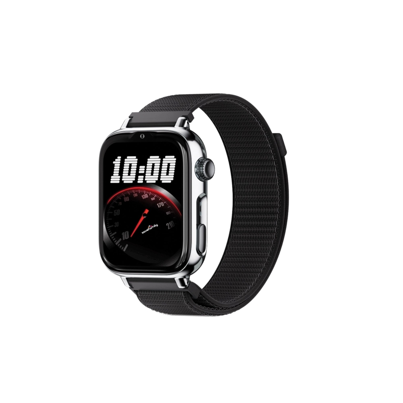 Montre connectée Savefamily SaveWatch Plus 2 pour enfants - Écran AMOLED - Boîtier argenté - Bracelet en tissu noir