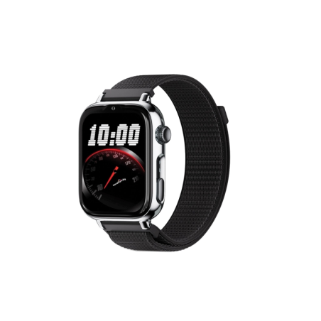 Montre connectée Savefamily SaveWatch Plus 2 pour enfants - Écran AMOLED - Boîtier argenté - Bracelet en tissu noir