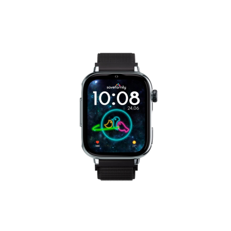 Montre connectée Savefamily SaveWatch Plus 2 pour enfants - Écran AMOLED - Boîtier argenté - Bracelet en tissu noir