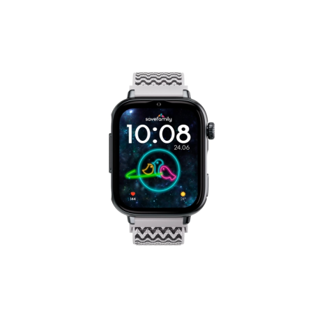 Montre connectée Savefamily SaveWatch Plus 2 pour enfants - Écran AMOLED - Boîtier noir - Bracelet en tissu zigzag