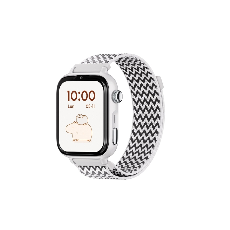 Montre connectée Savefamily SaveWatch Plus 2 pour enfants - Écran AMOLED - Boîtier blanc - Bracelet en tissu zigzag