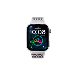 Montre connectée Savefamily SaveWatch Plus 2 pour enfants - Écran AMOLED - Boîtier blanc - Bracelet en tissu zigzag