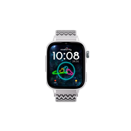 Montre connectée Savefamily SaveWatch Plus 2 pour enfants - Écran AMOLED - Boîtier blanc - Bracelet en tissu zigzag