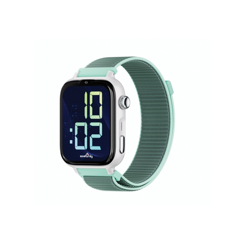 Montre connectée Savefamily SaveWatch Plus 2 pour enfants - Écran AMOLED - Boîtier blanc - Bracelet en tissu océan