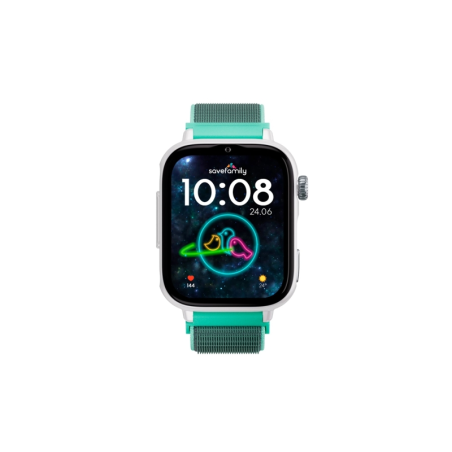 Montre connectée Savefamily SaveWatch Plus 2 pour enfants - Écran AMOLED - Boîtier blanc - Bracelet en tissu océan