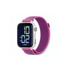 Montre connectée Savefamily SaveWatch Plus 2 pour enfants - Écran AMOLED - Boîtier blanc - Bracelet en tissu framboise