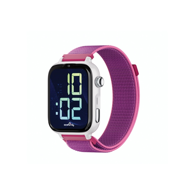 Montre connectée Savefamily SaveWatch Plus 2 pour enfants - Écran AMOLED - Boîtier blanc - Bracelet en tissu framboise