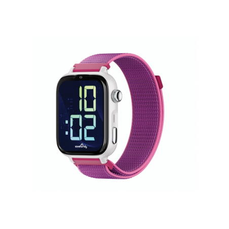 Montre connectée Savefamily SaveWatch Plus 2 pour enfants - Écran AMOLED - Boîtier blanc - Bracelet en tissu framboise