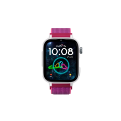 Montre connectée Savefamily SaveWatch Plus 2 pour enfants - Écran AMOLED - Boîtier blanc - Bracelet en tissu framboise