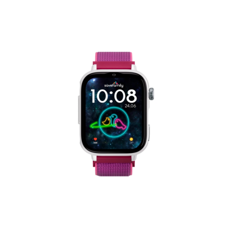 Montre connectée Savefamily SaveWatch Plus 2 pour enfants - Écran AMOLED - Boîtier blanc - Bracelet en tissu framboise