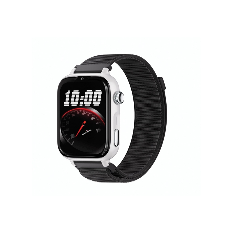 Montre connectée Savefamily SaveWatch Plus 2 pour enfants - Écran AMOLED - Boîtier blanc - Bracelet en tissu noir