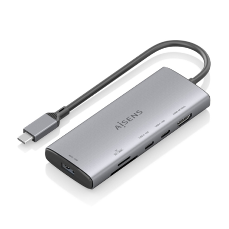 Station d'accueil USB-C Aisens 6 en 1 - USB-C vers 1xHDMI - 1xUSB-A 10G - 2xUSB-C 10G - 1xSD - 1xMicroSD - 20 cm - Couleur Gris