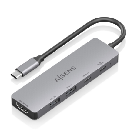 Station d'accueil USB-C Aisens 5 en 1 - USB-C vers 1xHDMI - 2xUSB-A - 1xUSB-C - 1xUSB-C PD 100W - 15cm - Couleur Gris