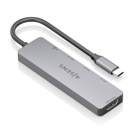 Station d'accueil USB-C Aisens 5 en 1 - USB-C vers 1xHDMI - 2xUSB-A - 1xUSB-C - 1xUSB-C PD 100W - 15cm - Couleur Gris