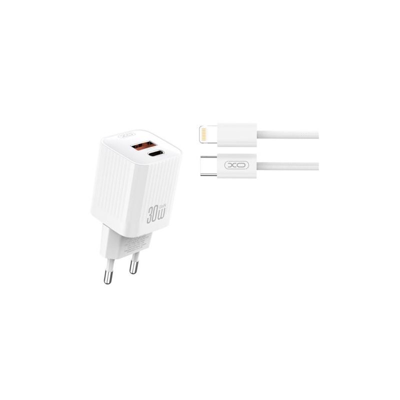 Chargeur secteur XO L149 30 W - USB-A et USB-C - Haute performance - Câble USB-C vers Lightning inclus - Blanc