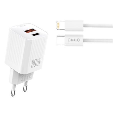 Chargeur secteur XO L149 30 W - USB-A et USB-C - Haute performance - Câble USB-C vers Lightning inclus - Blanc