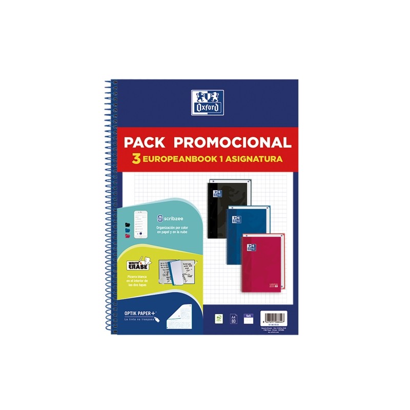 Oxford Europeanbook 1 Classic Pack de 3 Cahiers Spirales Format A4+ Quadrillé 5x5mm - 80 Feuilles 90gr - Couverture Extra