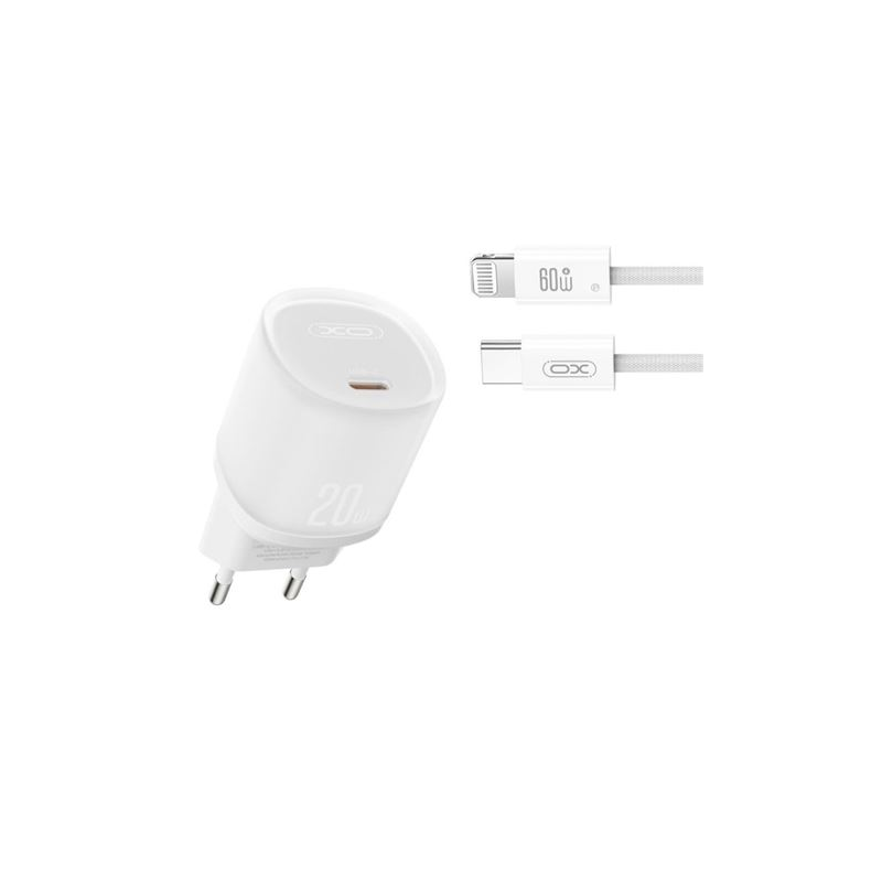 Chargeur secteur XO L143 20 W - USB-C - PD 3.0 et QC 3.0 - Câble USB-C vers Lightning inclus - Blanc