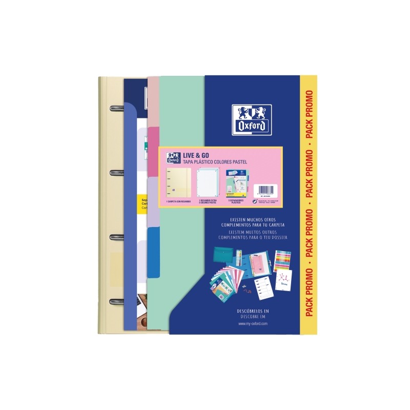 Classeur Oxford Europeanbinder Live & Go A4+ avec recharge + intercalaires - Couverture en polymousse - Couleurs pastel