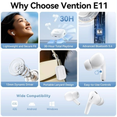 Casque Bluetooth 5.4 Vention Echo Lite E11 avec étui de chargement - True Wireless - Autonomie 6 h - Blanc