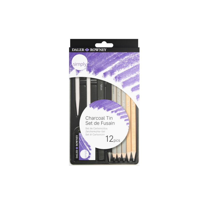 Crayons à dessin et fusain Daler Rowney Simply, lot de 12 – Boîte métallique – Noir